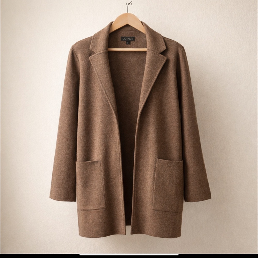 Quince Organic Cotton Knit Blazer Cardigan XS Brown Minimalist Capsule Wardrobe